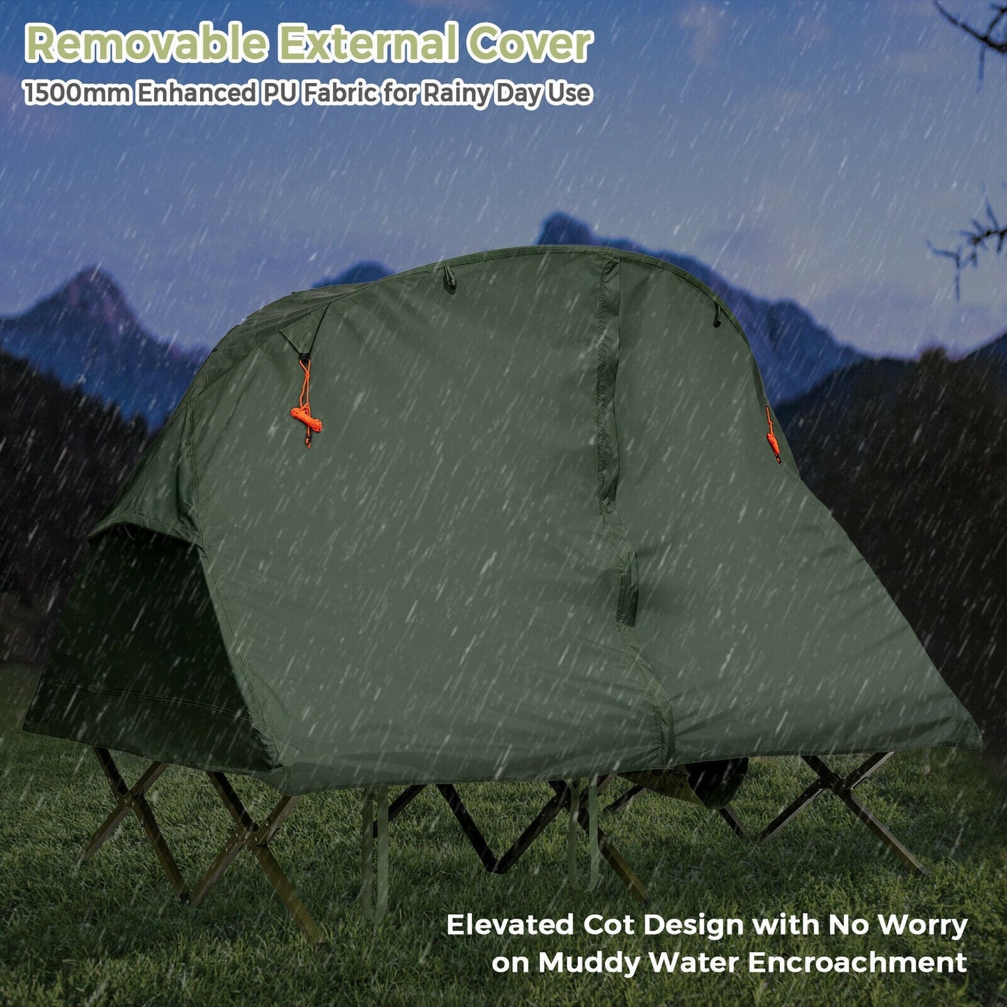 2-Person Outdoor Camping Tent with External Cover-Green in rain with elevated cot design and removable waterproof cover.