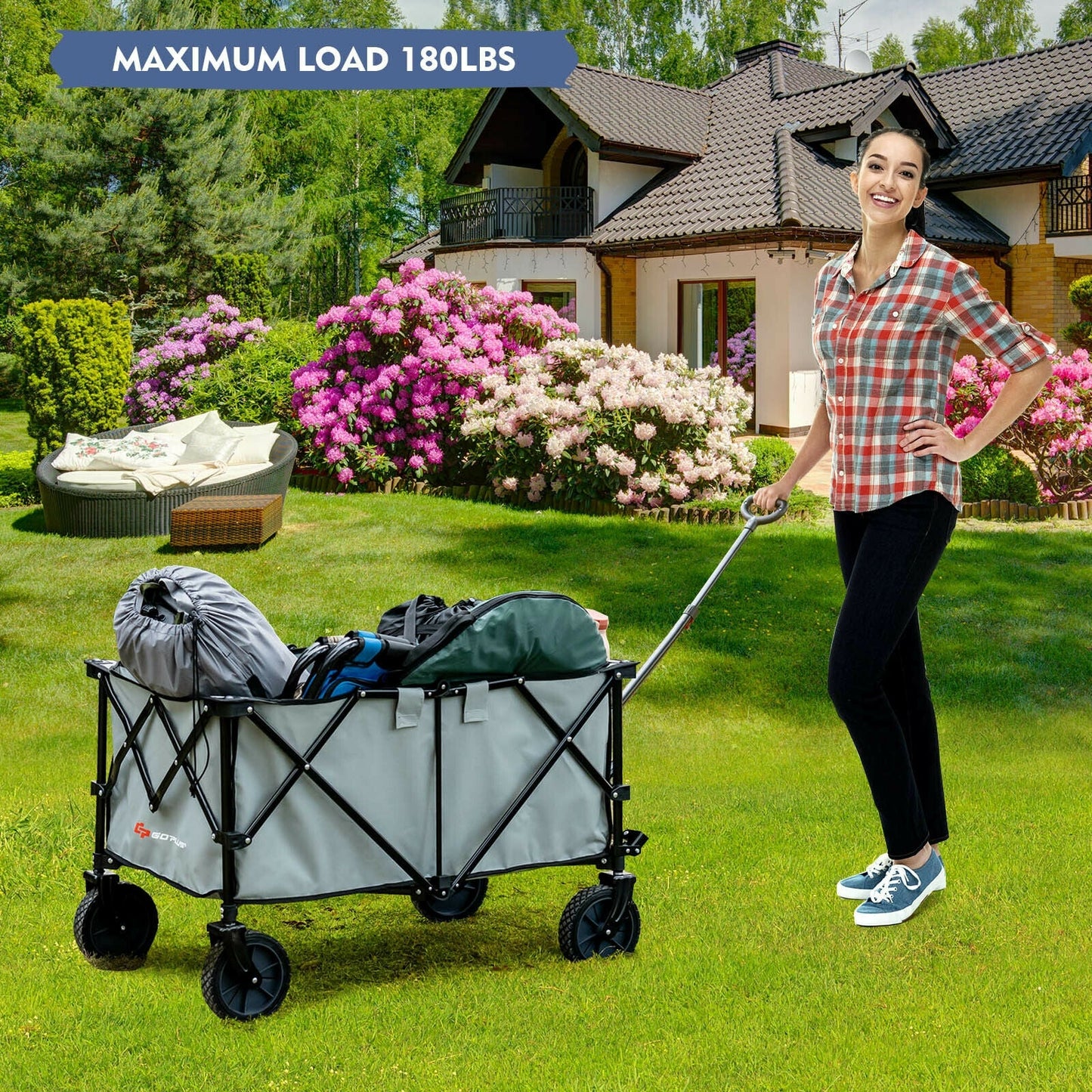Outdoor Folding Wagon Cart with Adjustable Handle and Universal Wheels-Gray in use, showing capacity and versatility on grass