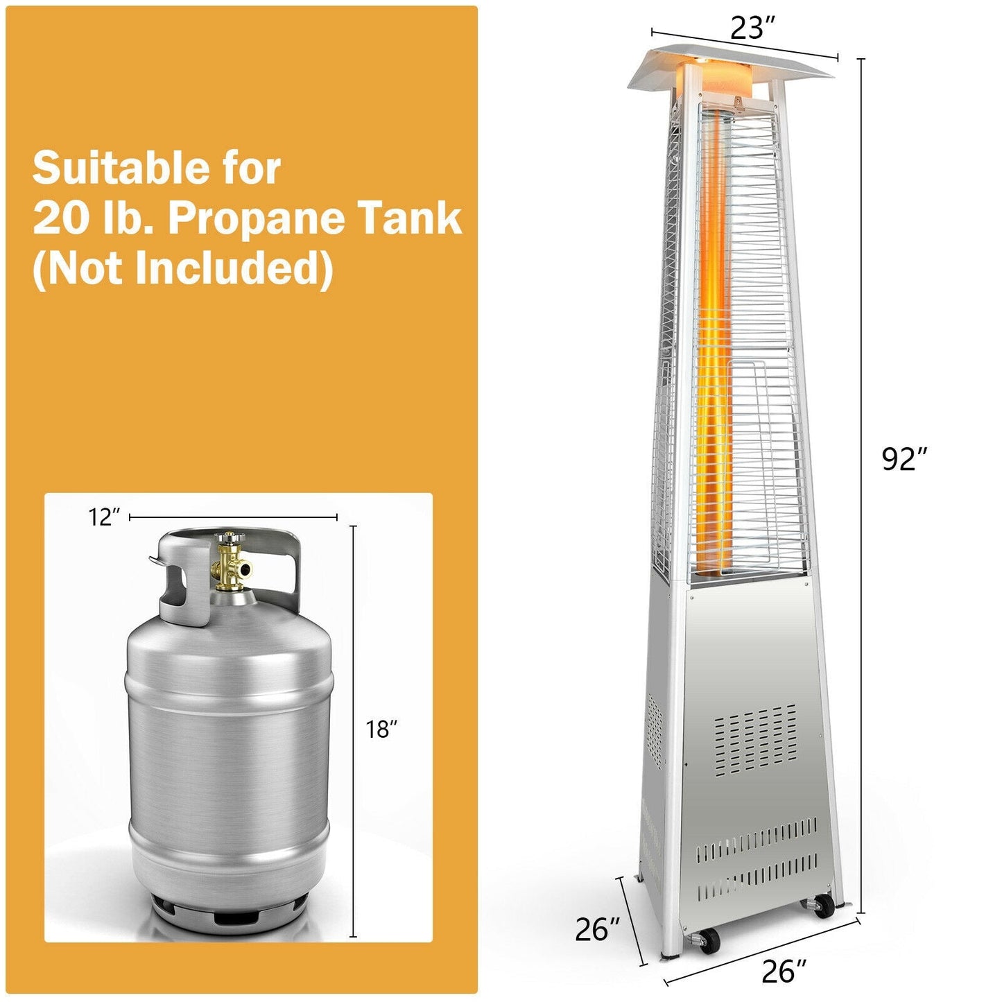 42 000 BTU Stainless Steel Pyramid Patio Heater With Wheels, dimensions and propane tank compatibility shown in diagram