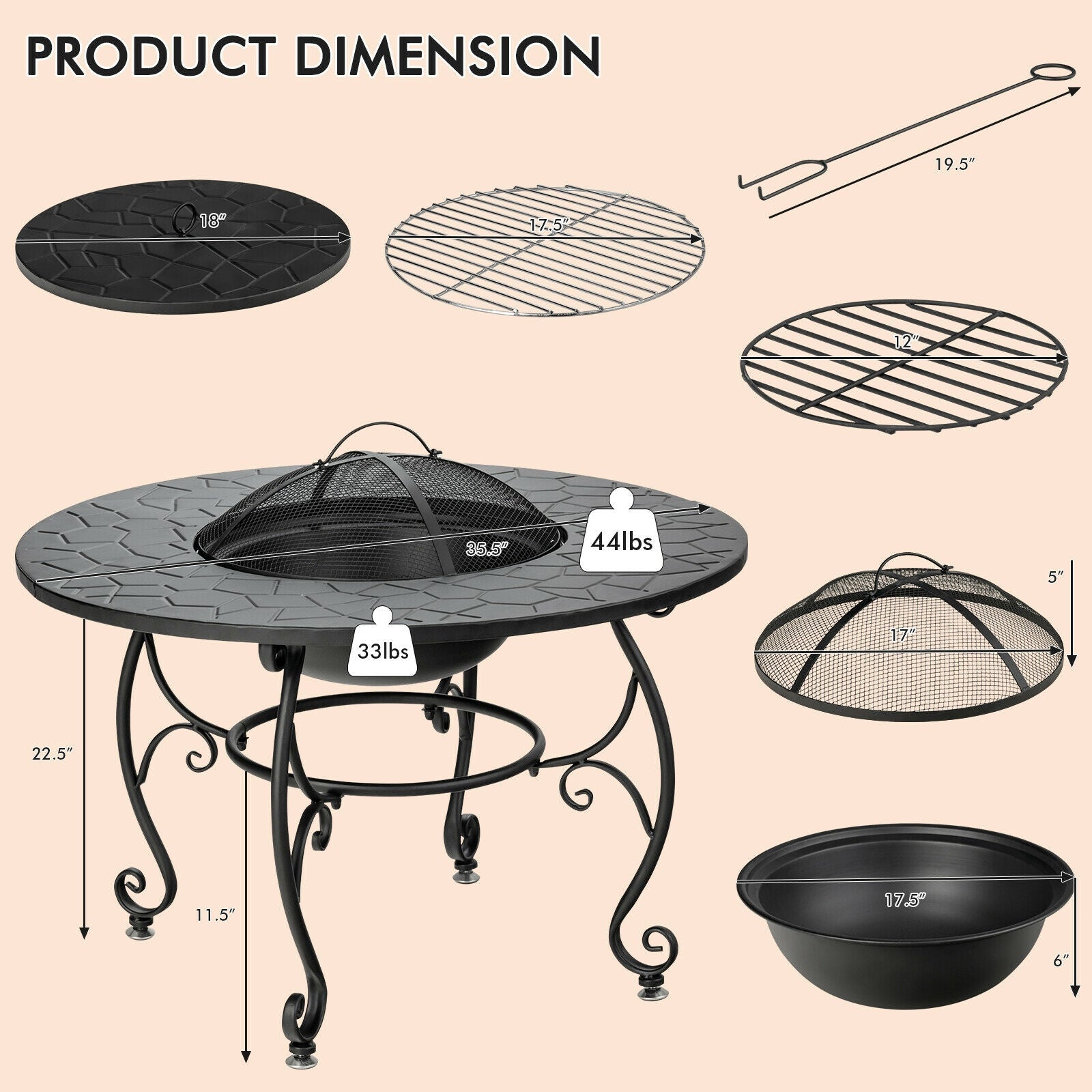 Diagram showing dimensions of 35.5 Feet Patio Fire Pit Dining Table With Cooking BBQ Grate, including steel frame and accessories.