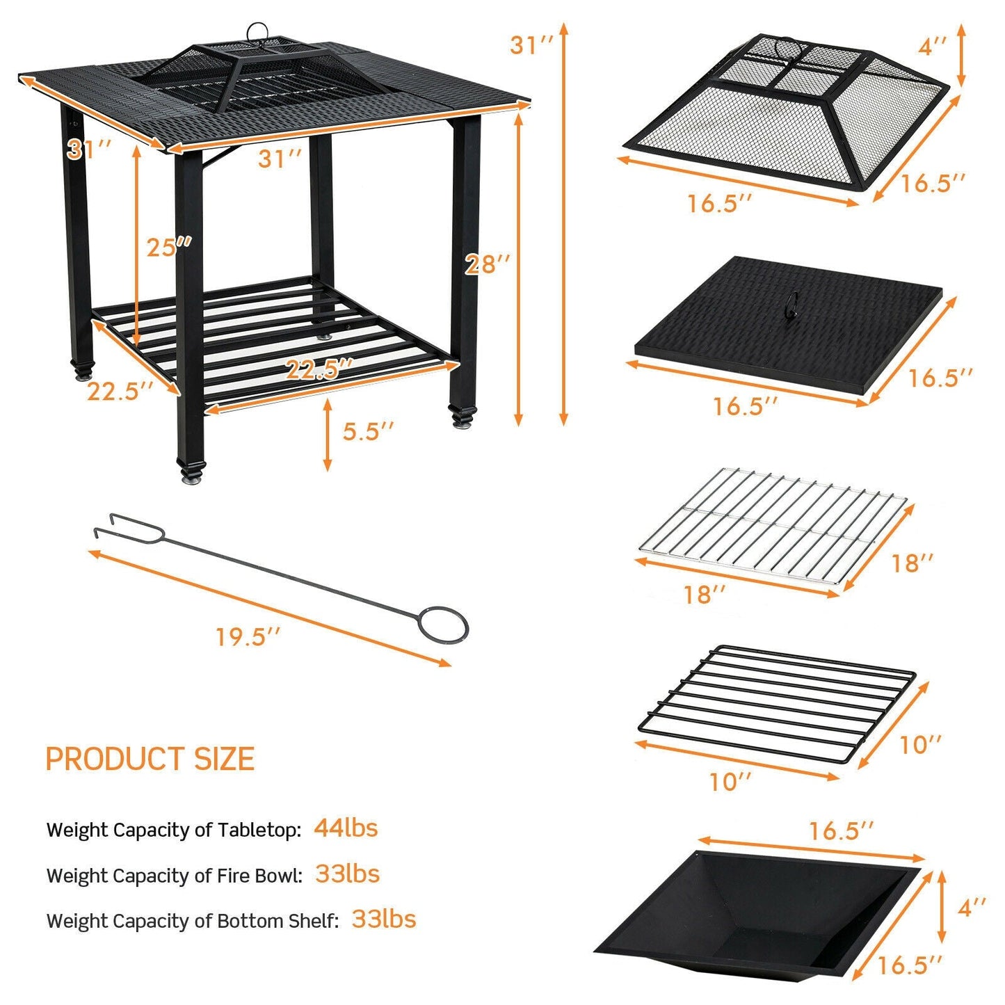 Dimensions and components of 31 Inch Outdoor Fire Pit Dining Table with Cooking BBQ Grate, including measurements and weight capacities.