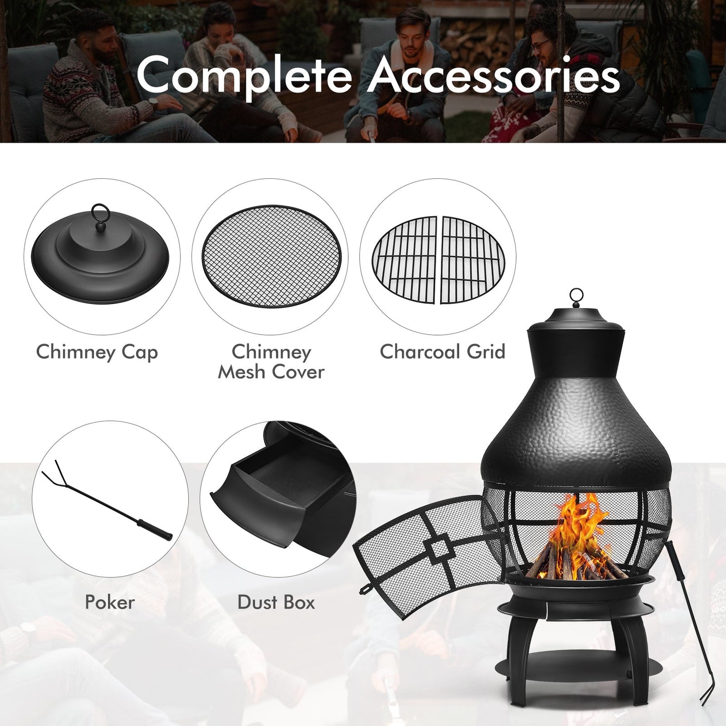 Patio Wood Burning Chimneys Fireplace with accessories including chimney cap, mesh cover, charcoal grid, poker, and dust box.