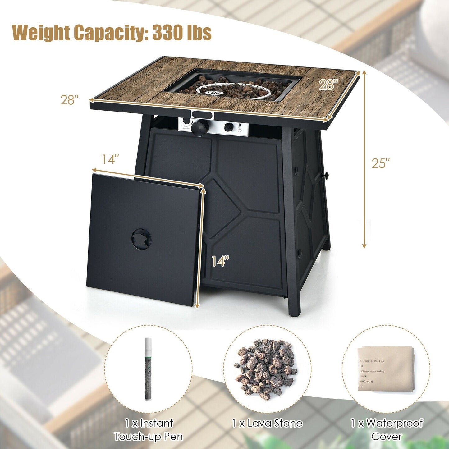 40 000 BTU 28 Inches Propane Gas Fire Pit Table With Cover featuring stainless steel burner and lava stones