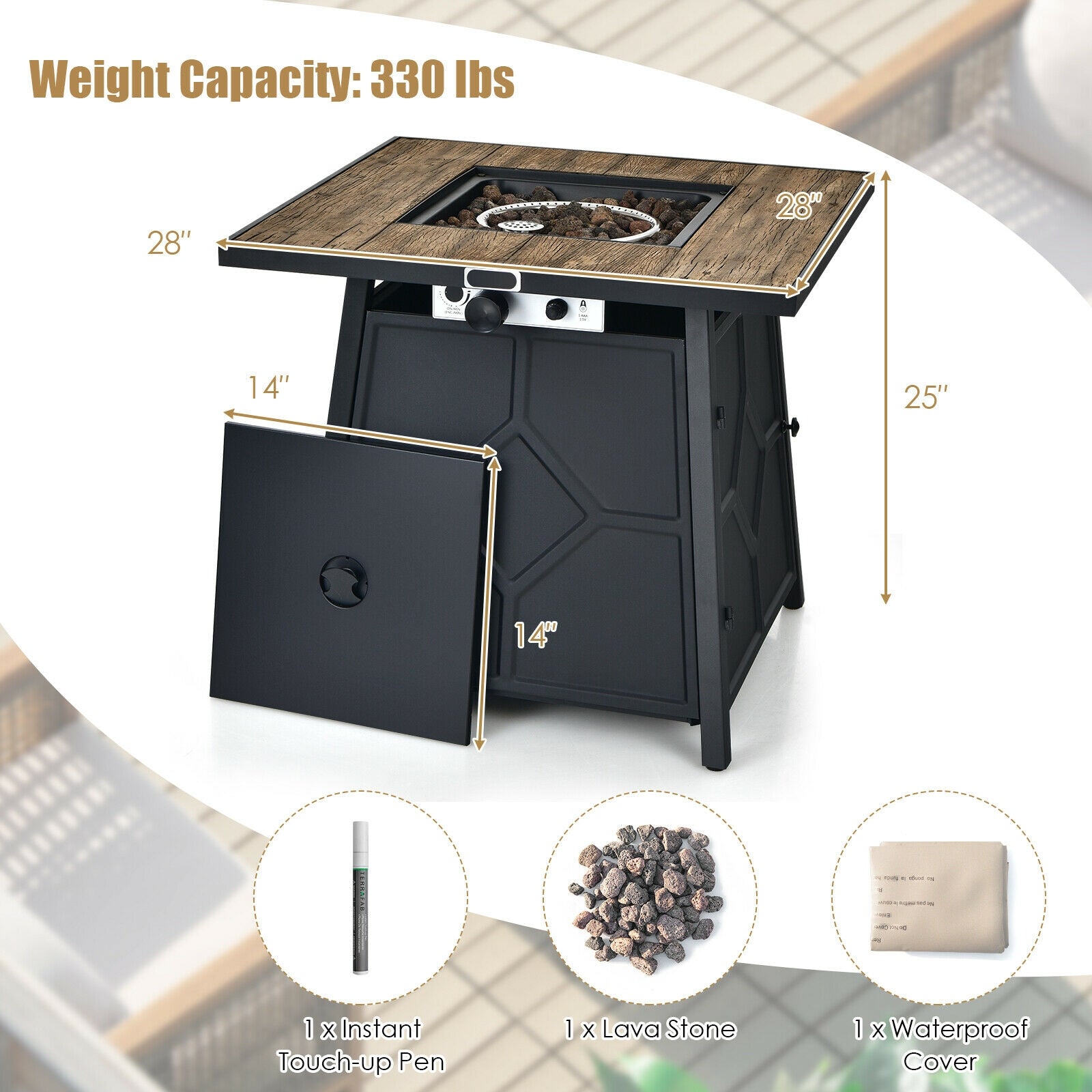 40 000 BTU 28 Inches Propane Gas Fire Pit Table With Cover featuring stainless steel burner and lava stones