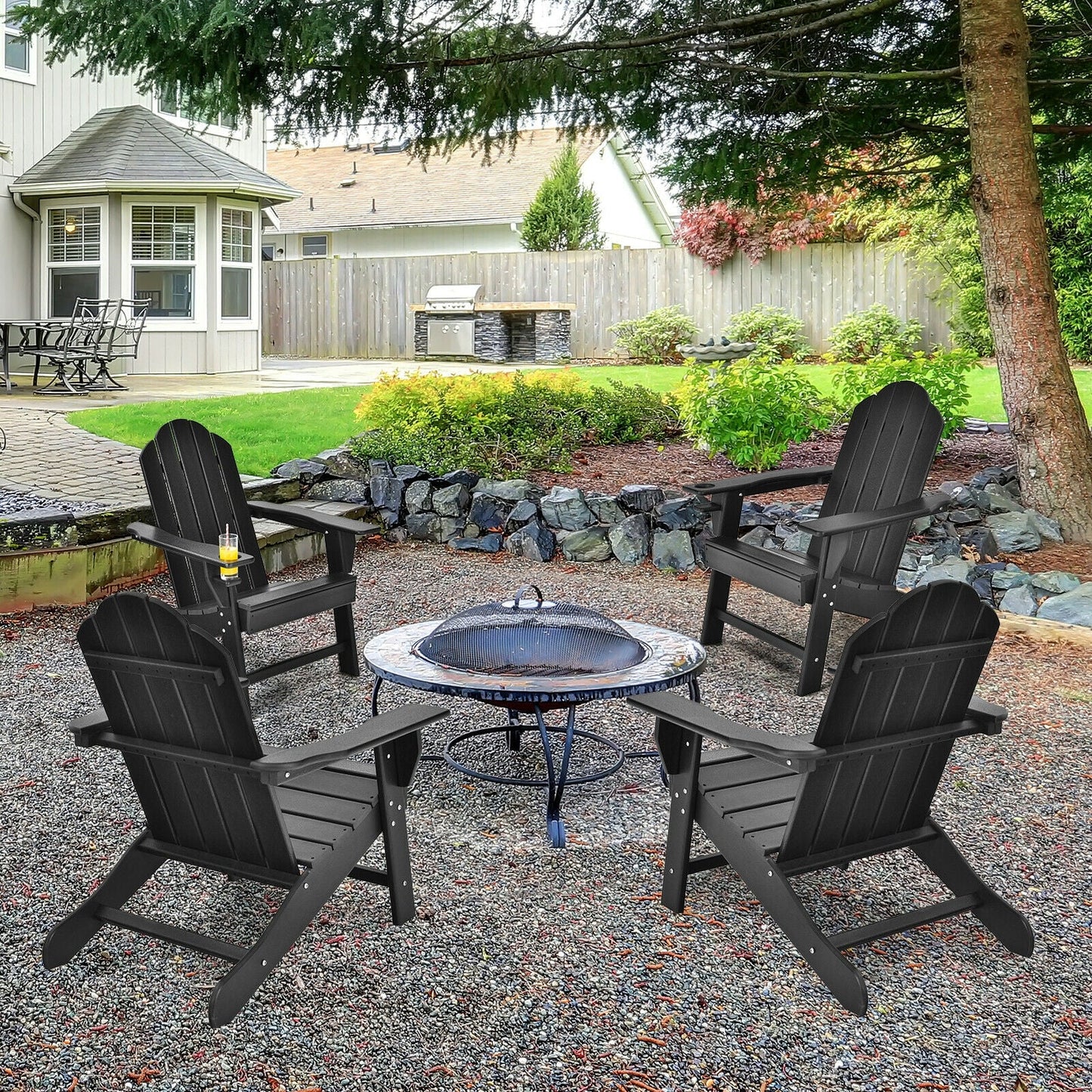 Outdoor Adirondack Chair with Built-in Cup Holder for Backyard Porch-Black around a fire pit