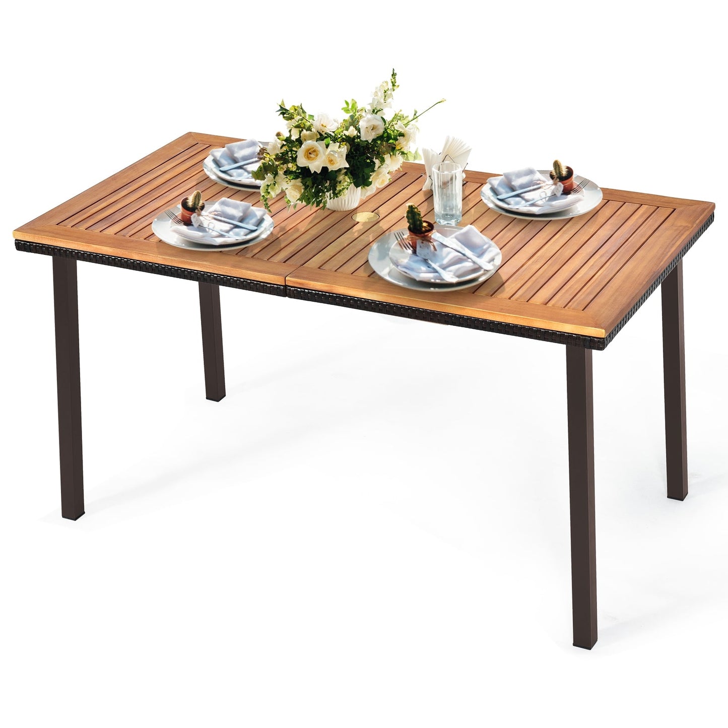 55 Inch Patio Acacia Dining Table with Umbrella Hole, set with plates and flowers, ideal for outdoor dining and gatherings.