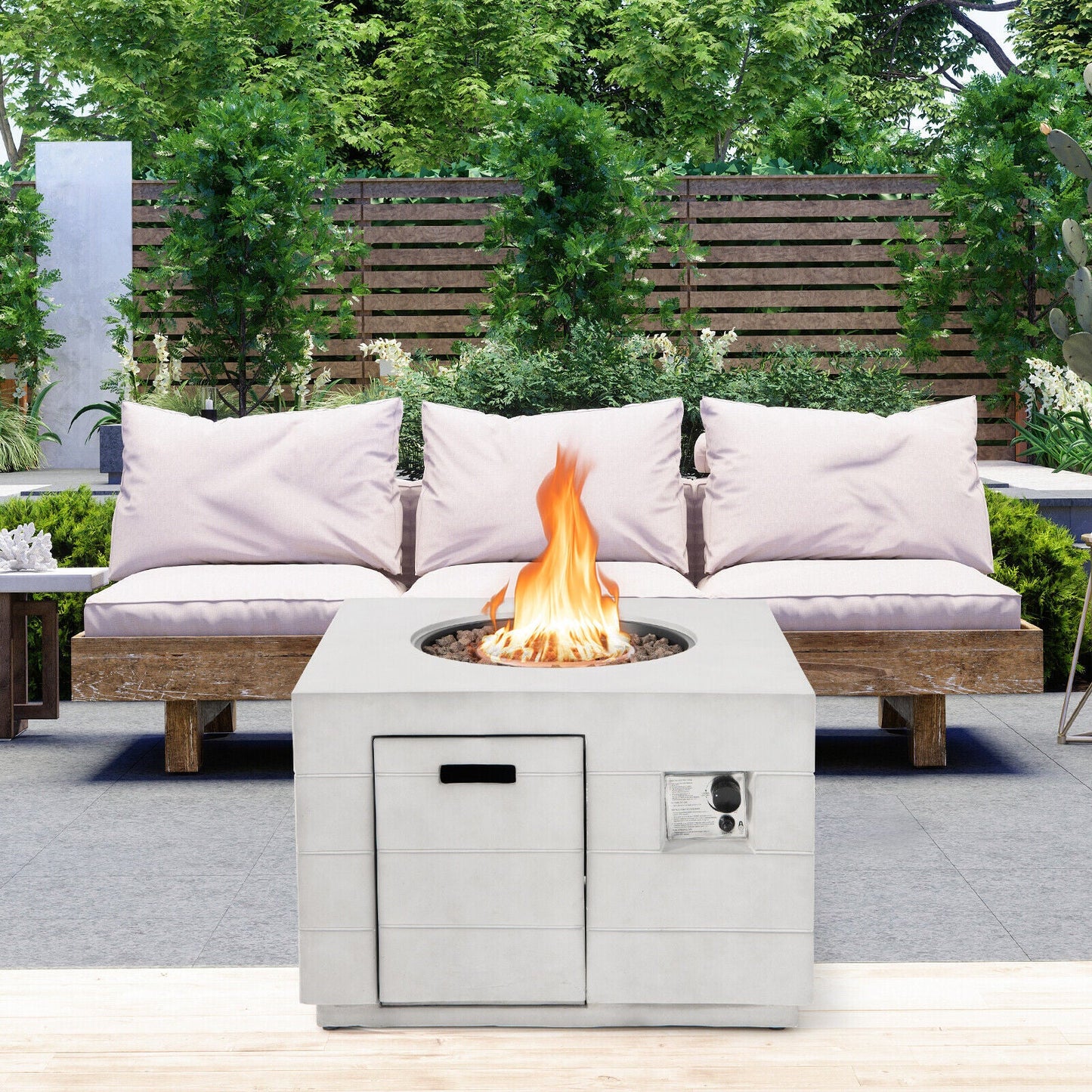 34 Inch Square Concrete Propane Fire Pit Table with Lava Rocks and Cover 50 000 BTU-Gray on a stylish patio setting.