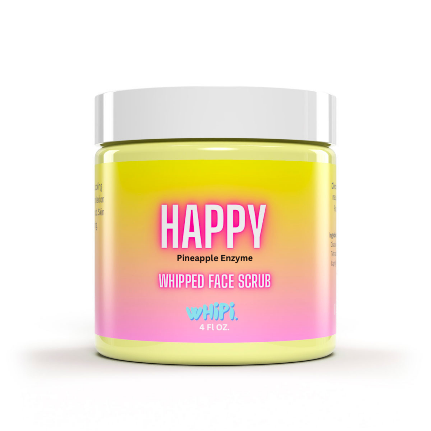 Happy Whipped Pineapple Face Scrub jar with vibrant colors, natural pineapple enzymes for radiant skin.