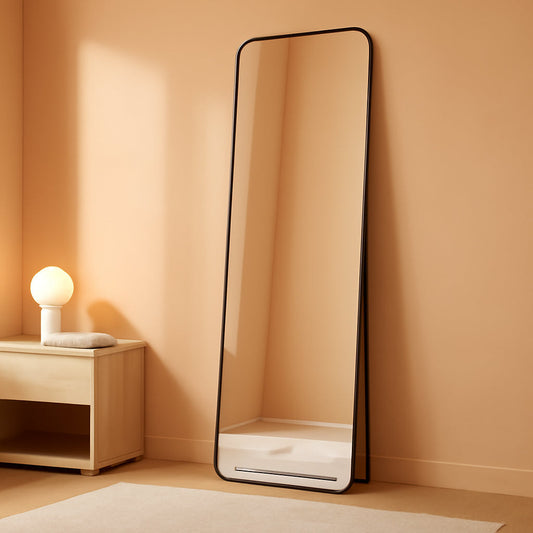 56 Inch Floor Standing Mirror With Black Aluminum Frame in modern living space