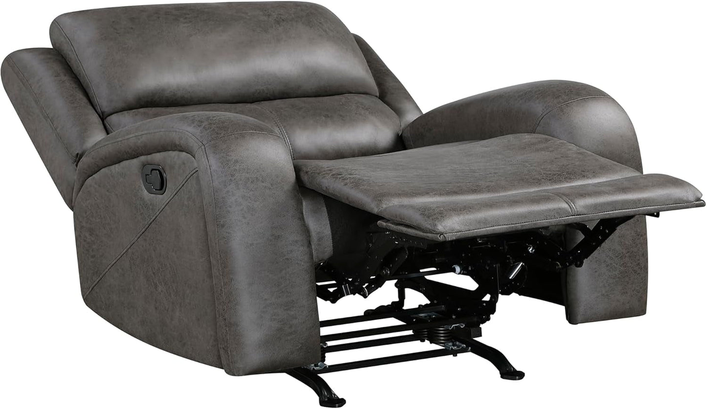 Grey Rocker Recliner Chair With Manual Recline Living Room in fully reclined position, showcasing comfort and versatile design.