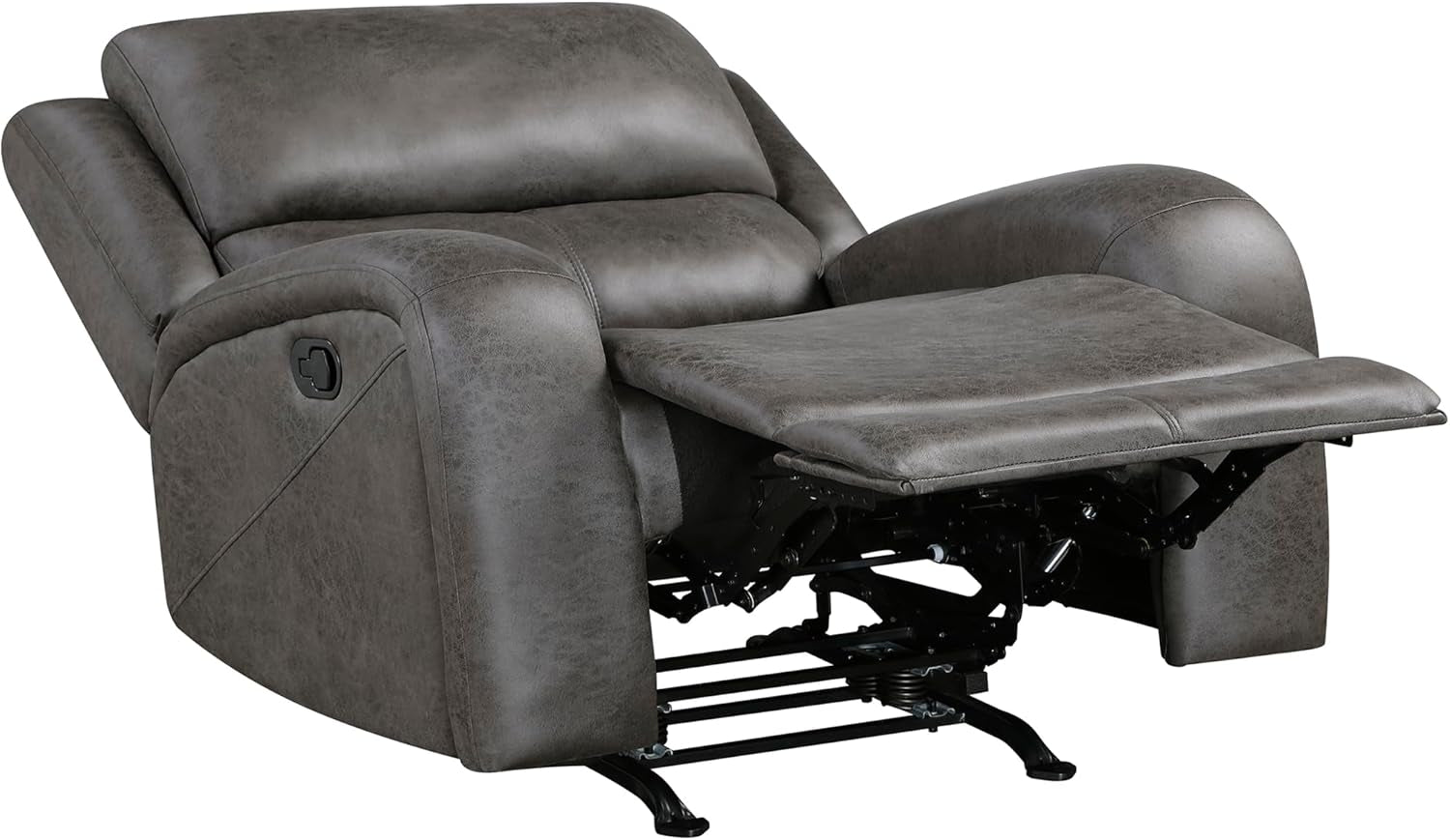 Grey Rocker Recliner Chair With Manual Recline Living Room in fully reclined position, showcasing comfort and versatile design.
