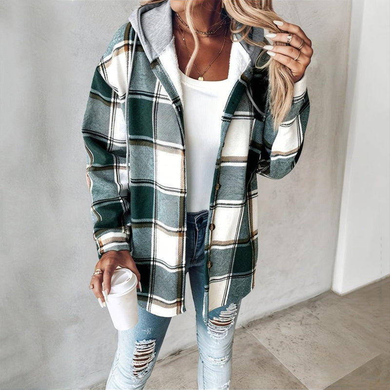 Plaid Drawstring Hoodie Shirt