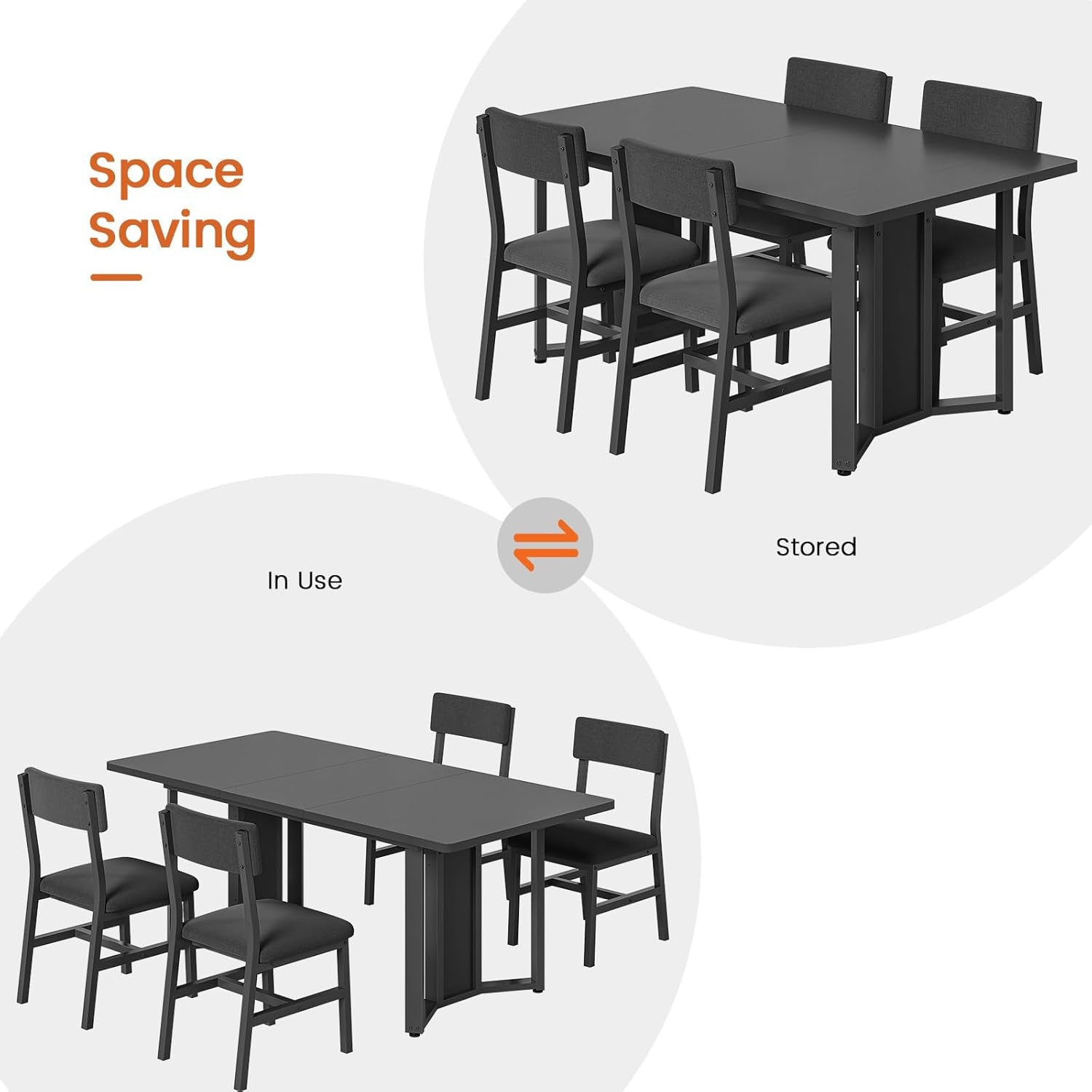 63 Inch Extendable MDF Board Dining Table Set Black Finish shown compact and extended with chairs