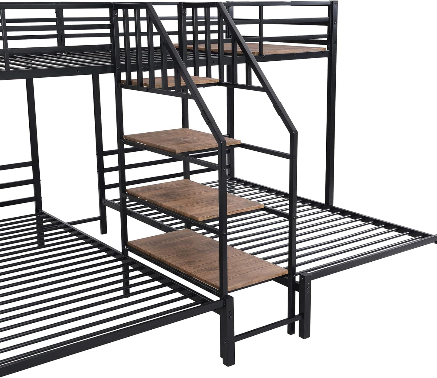 Metal Triple Bunk Bed With Stairs Black Three Beds, featuring sturdy black metal frame with built-in stairs for space-saving sleep solution.