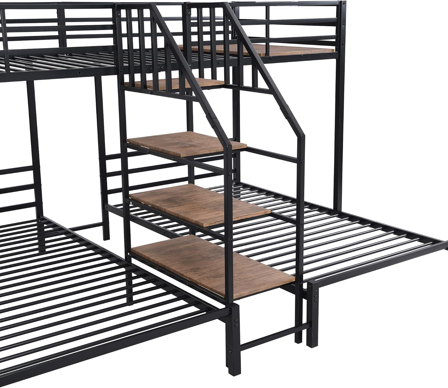Metal Triple Bunk Bed With Stairs Black Three Beds, featuring sturdy black metal frame with built-in stairs for space-saving sleep solution.