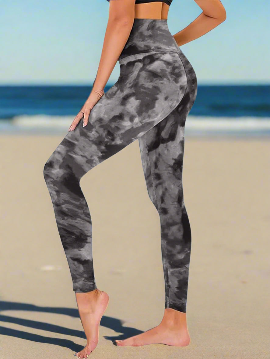Cropped High-Rise Leggings – Black Tie-Dye Print Workout Pants