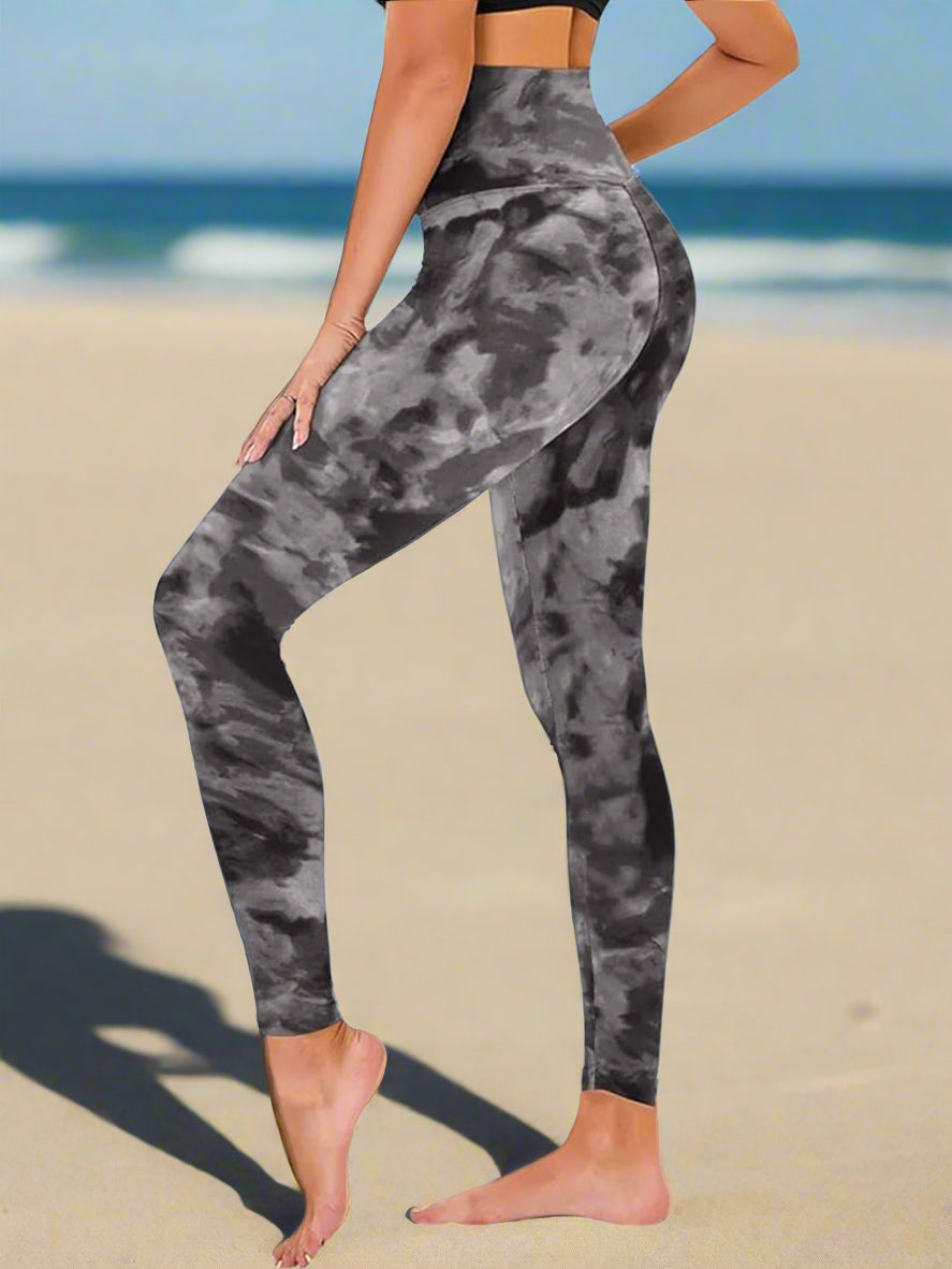 Cropped High-Rise Leggings – Black Tie-Dye Print Workout Pants