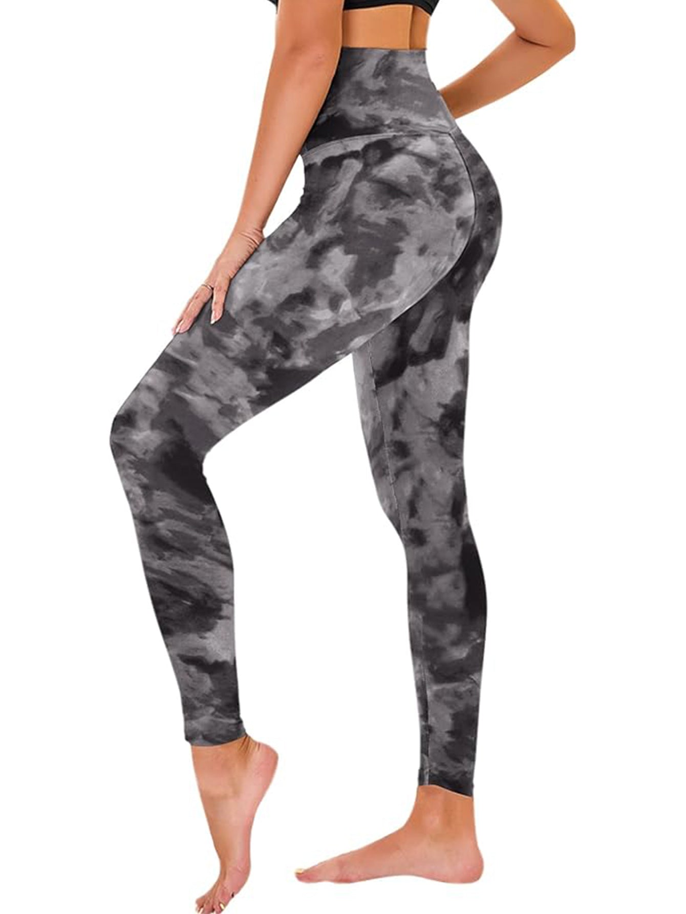 Cropped High-Rise Leggings – Black Tie-Dye Print Workout Pants