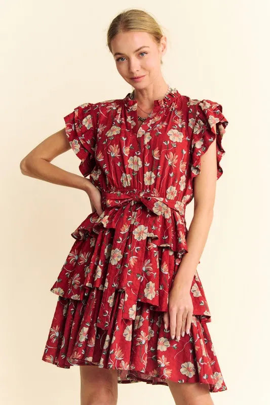 Davi & Dani Ruffle Flutter Sleeve Tie Belt Tiered Mini Dress