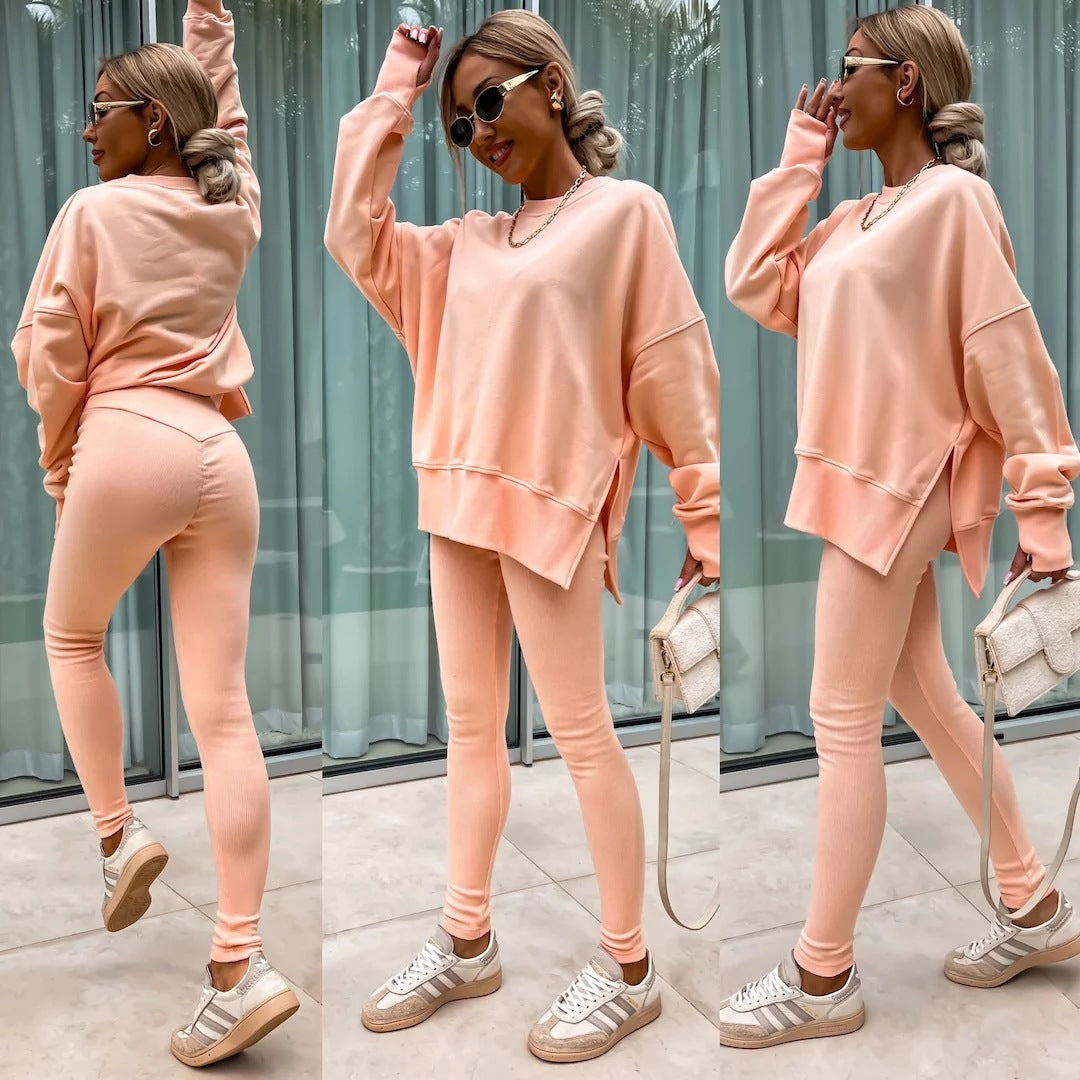 Women’s Casual Sweater Suit – Loose Split Top & Fitted Trousers Set in peach color, worn by model in three poses.