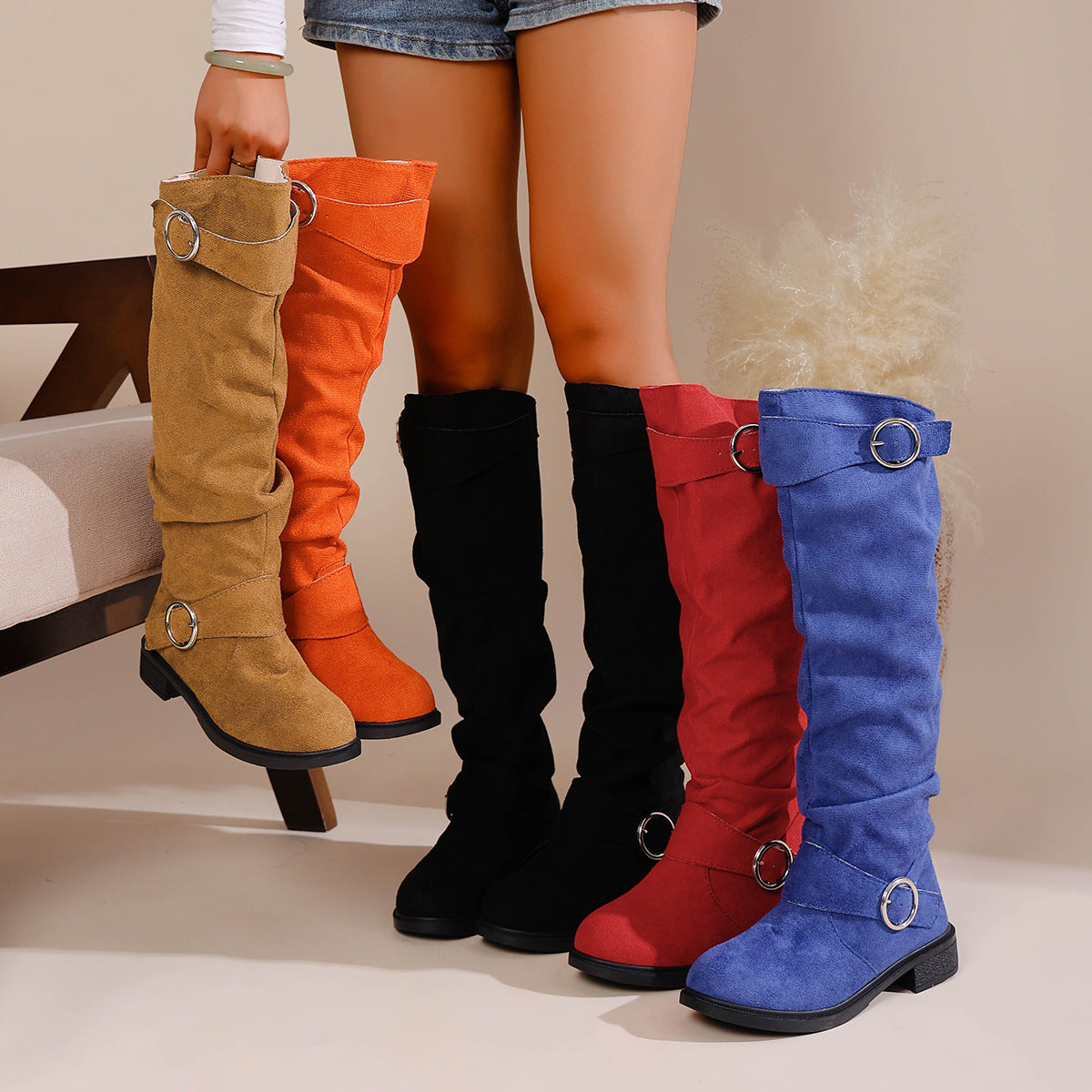 Pleated Flat-Bottom Western Cowboy Boots with Belt Buckle in assorted colors