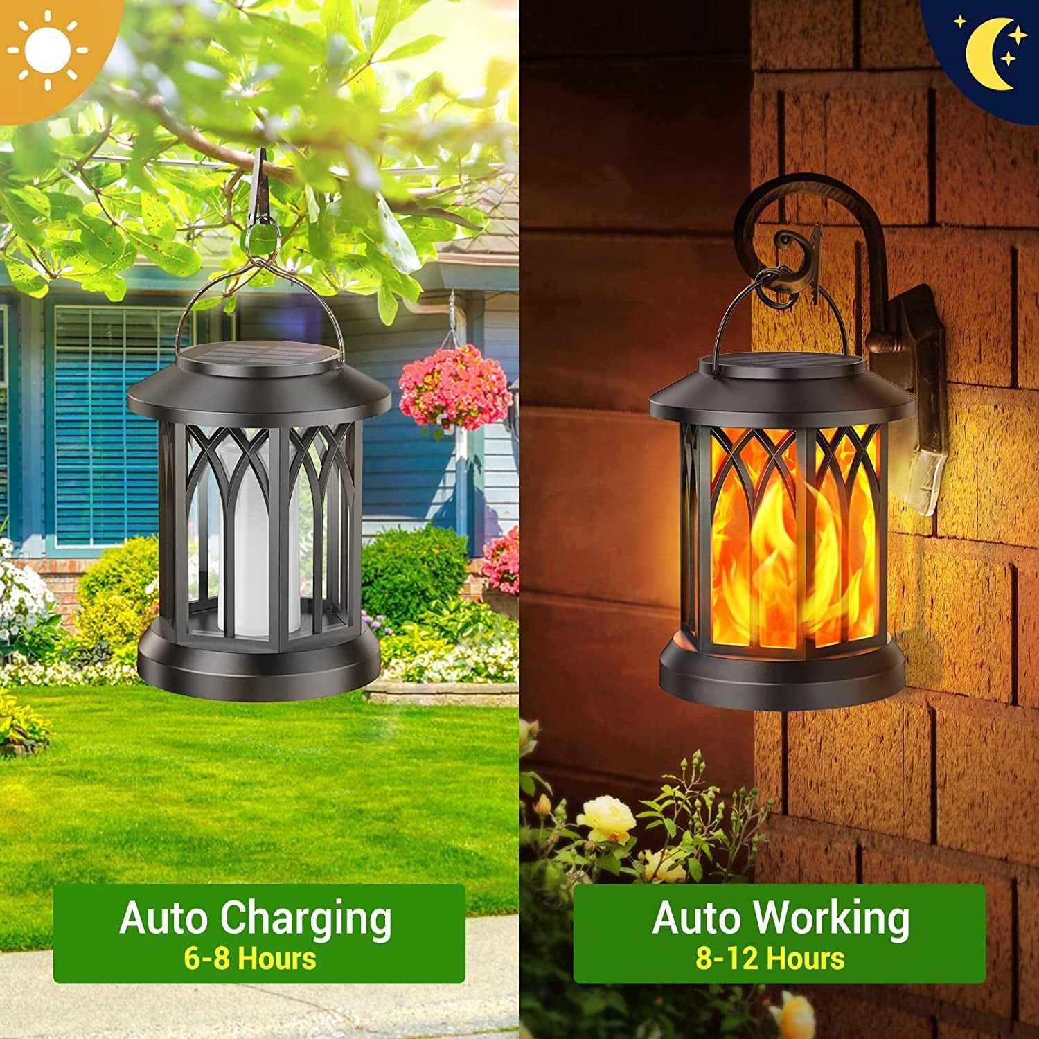 KOOPER Solar Lanterns – Vivid Dancing Flame Outdoor Lights for Garden & Patio showcasing auto charging and working modes.