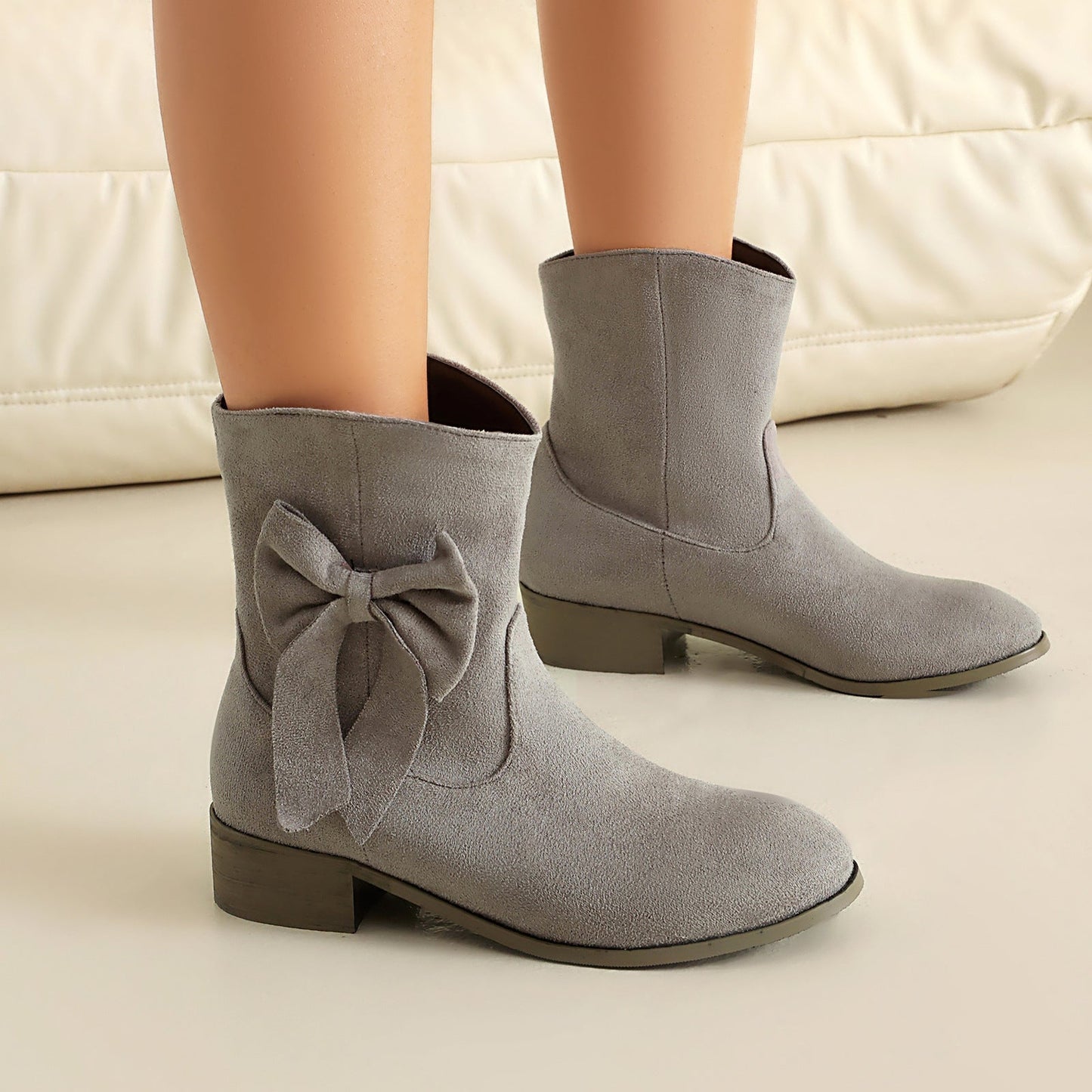 Low Heel Suede Large Size Sweet Bow Casual Boots with bow detail, shown in grey suede, featuring low square heel, perfect for women.