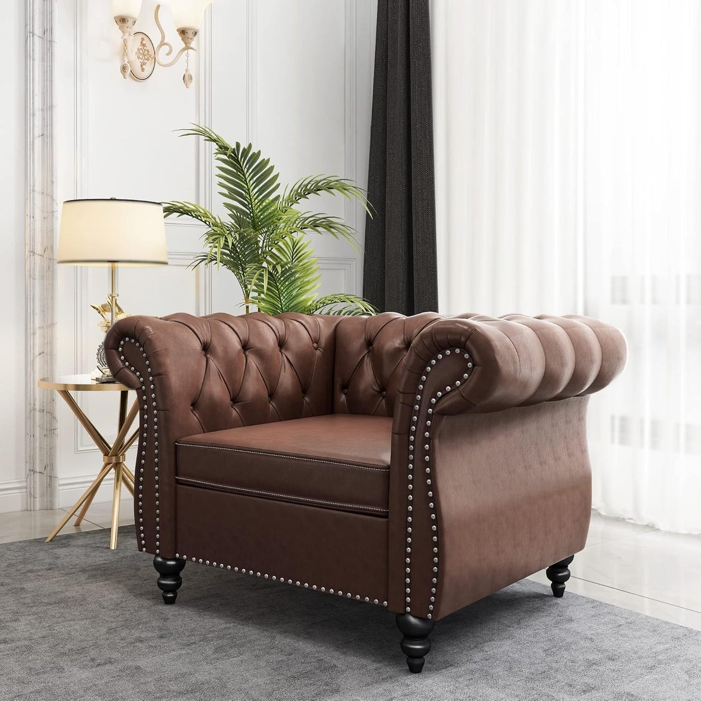 3 Piece Chesterfield Leather Living Room Set Sofa Loveseat Chair Dark Brown with Scroll Arms and Nailhead, featuring the chair.