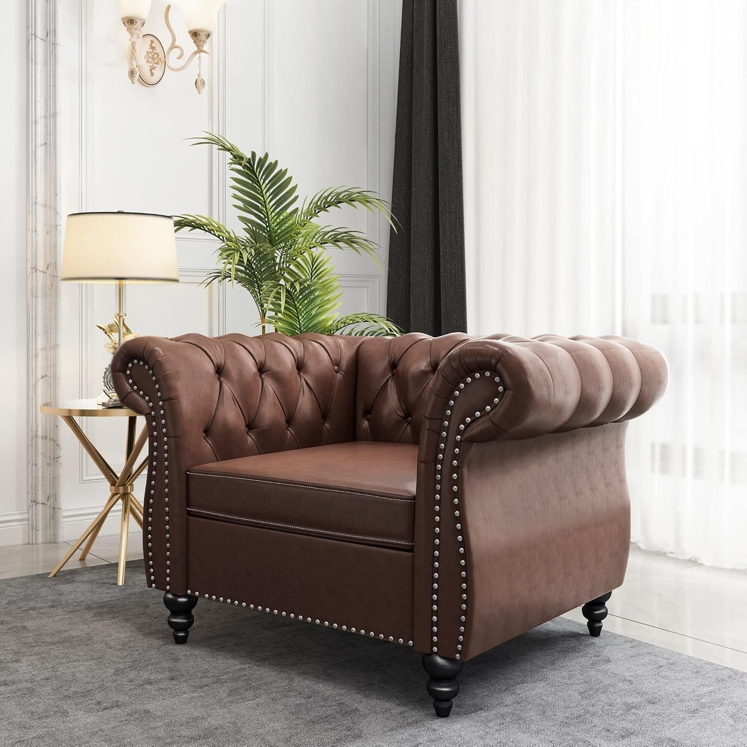 3 Piece Chesterfield Leather Living Room Set Sofa Loveseat Chair Dark Brown with Scroll Arms and Nailhead, featuring the chair.