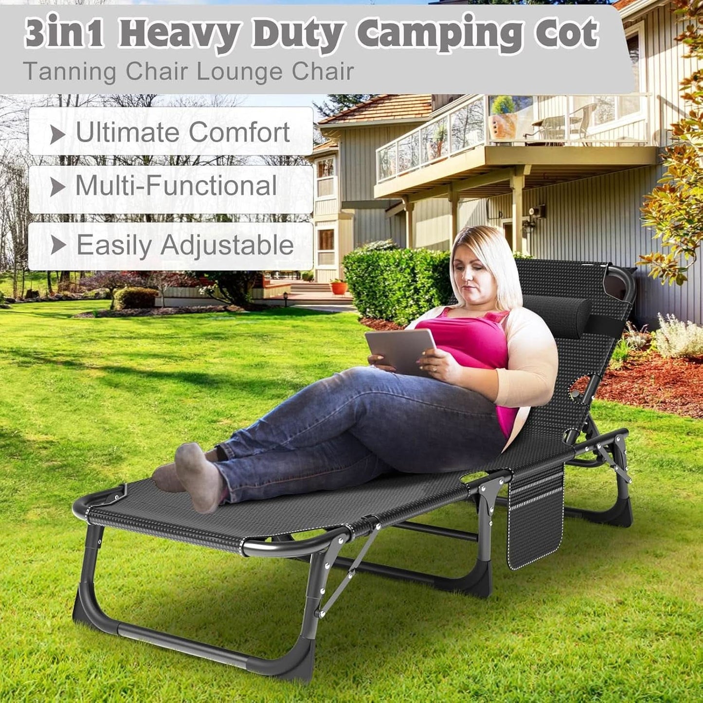 Woman relaxing on a 3in1 Heavy Duty Camping Cot in a backyard setting with text highlighting its ultimate comfort and multi-functionality.