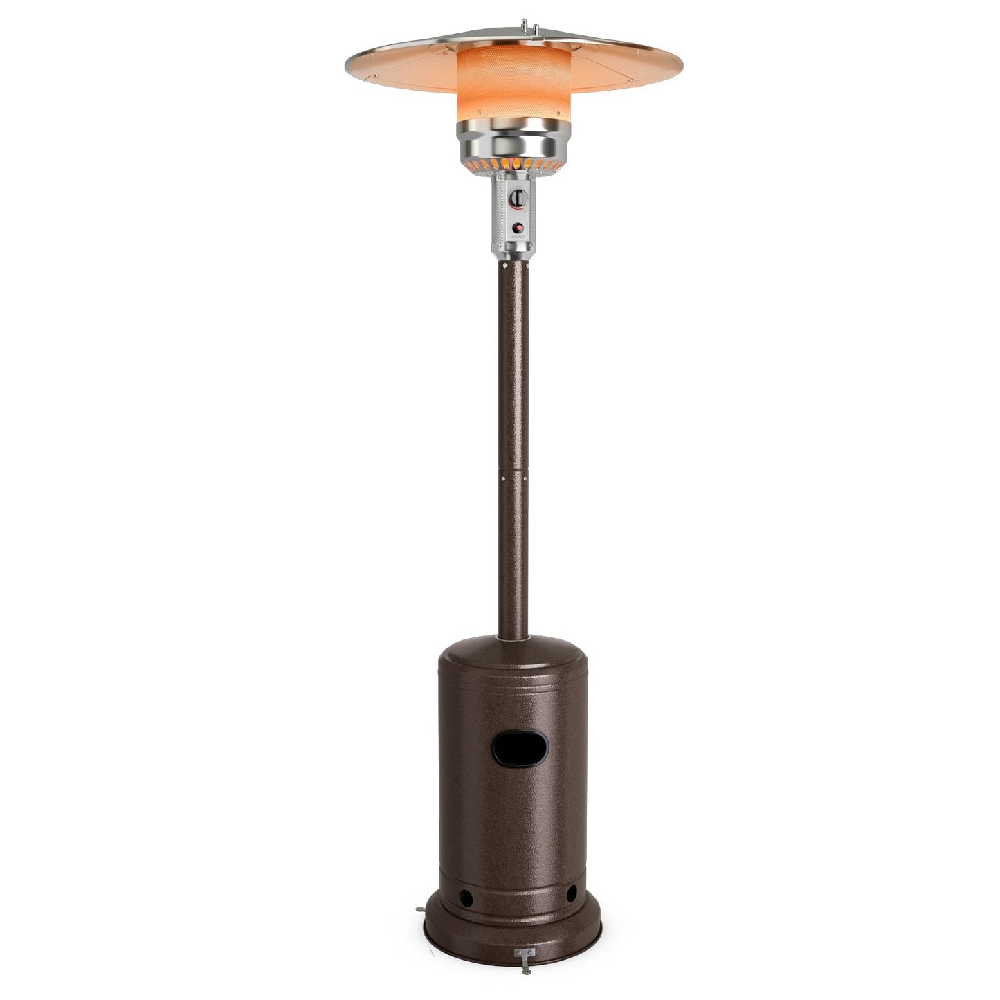 50000 BTU Garden Propane Standing LP Gas Steel Accessories Heater-Bronze with a 32'' reflector and anti-toppling design.