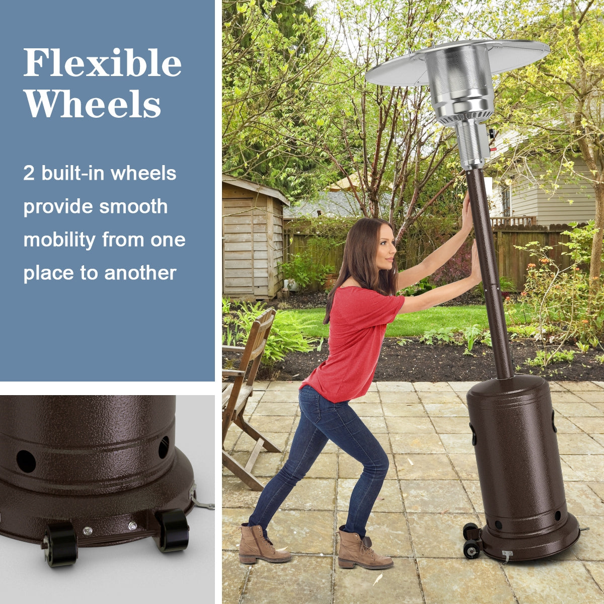50000 BTU Garden Propane Standing LP Gas Steel Accessories Heater-Bronze with flexible wheels for easy mobility in a garden setting