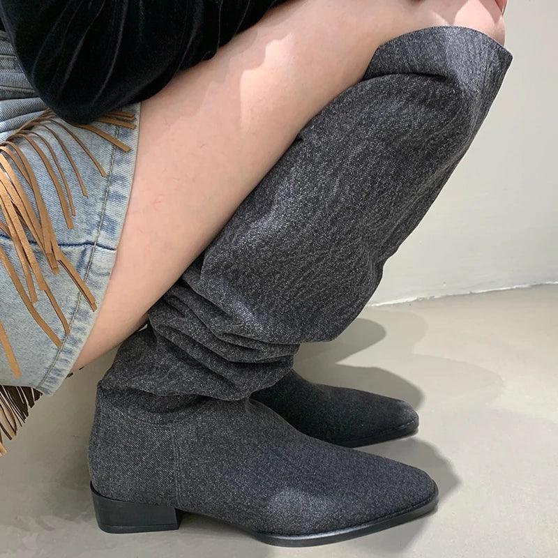 Women’s Denim Knee High Boots - Casual Cowboy Style featuring high-quality denim and a low heel, perfect for modern cowgirl fashion.