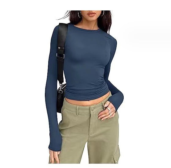 Woman wearing Slim Fit Long Sleeve Shirt | Women's Casual Crop Tops in navy with stylish collar, paired with khaki pants.