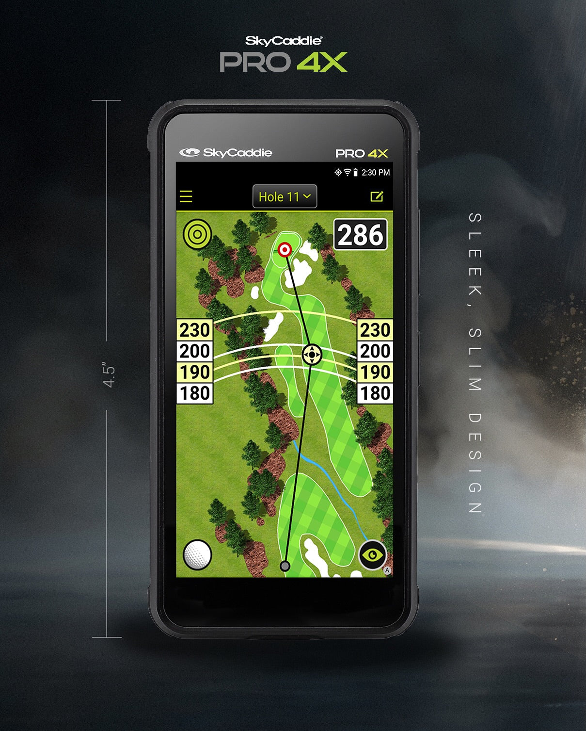 SkyCaddie® PRO 4X displaying a golf course map with yardage, sleek and slim design, 4.5-inch screen, limited warranty offer available