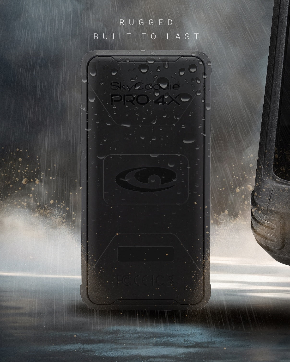 SkyCaddie® PRO 4X GPS device showcasing rugged, rain-resistant design with text 'Rugged Built to Last'.