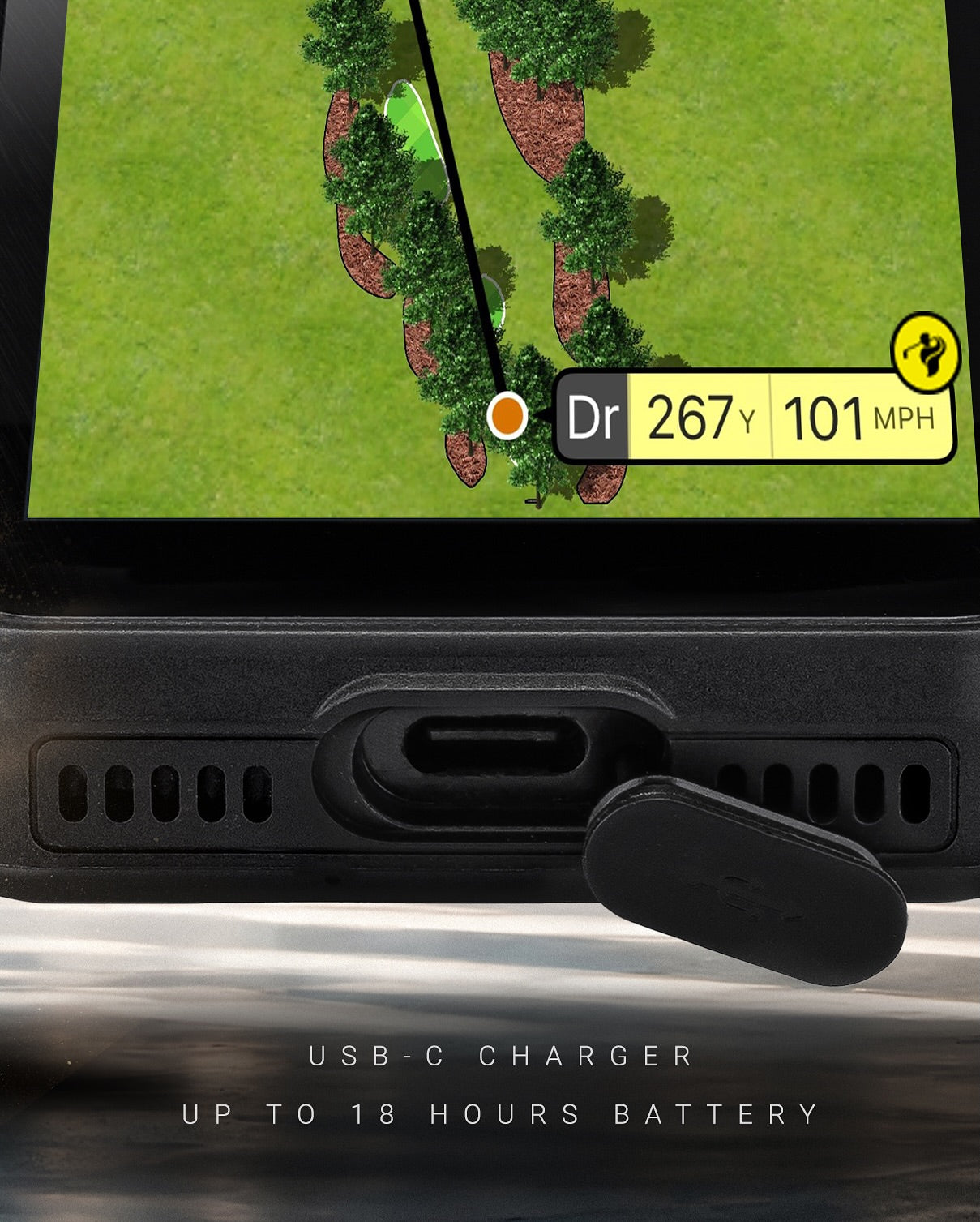 SkyCaddie® PRO 4X display with USB-C charger and up to 18 hours battery life