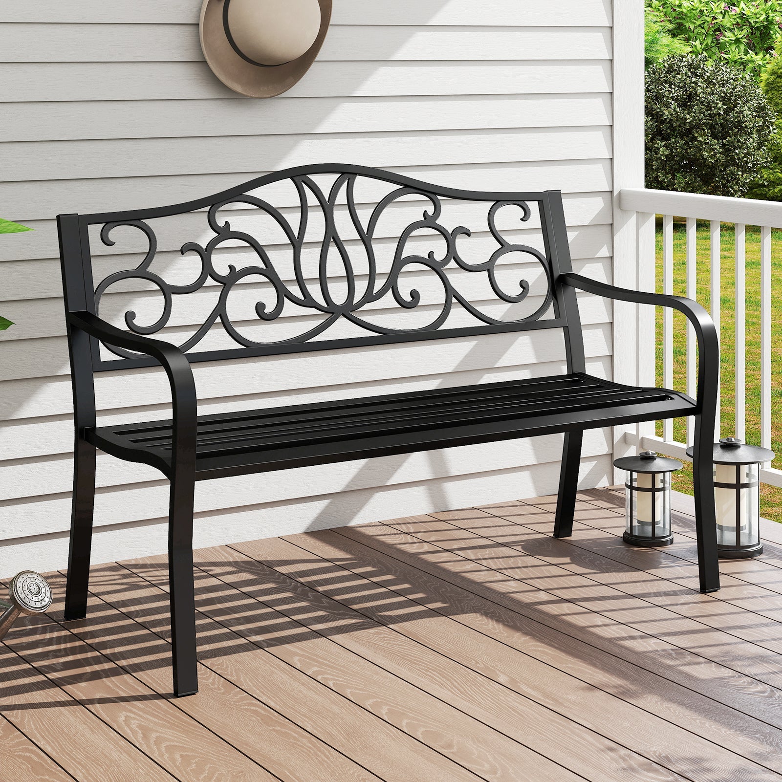50 Inches Outdoor Garden Bench with Floral Design Backrest and Slatted Seat-Black on patio