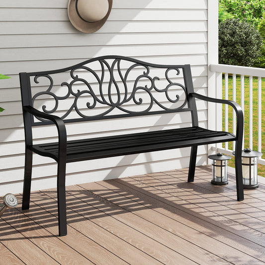 50 Inches Outdoor Garden Bench with Floral Design Backrest and Slatted Seat-Black on patio