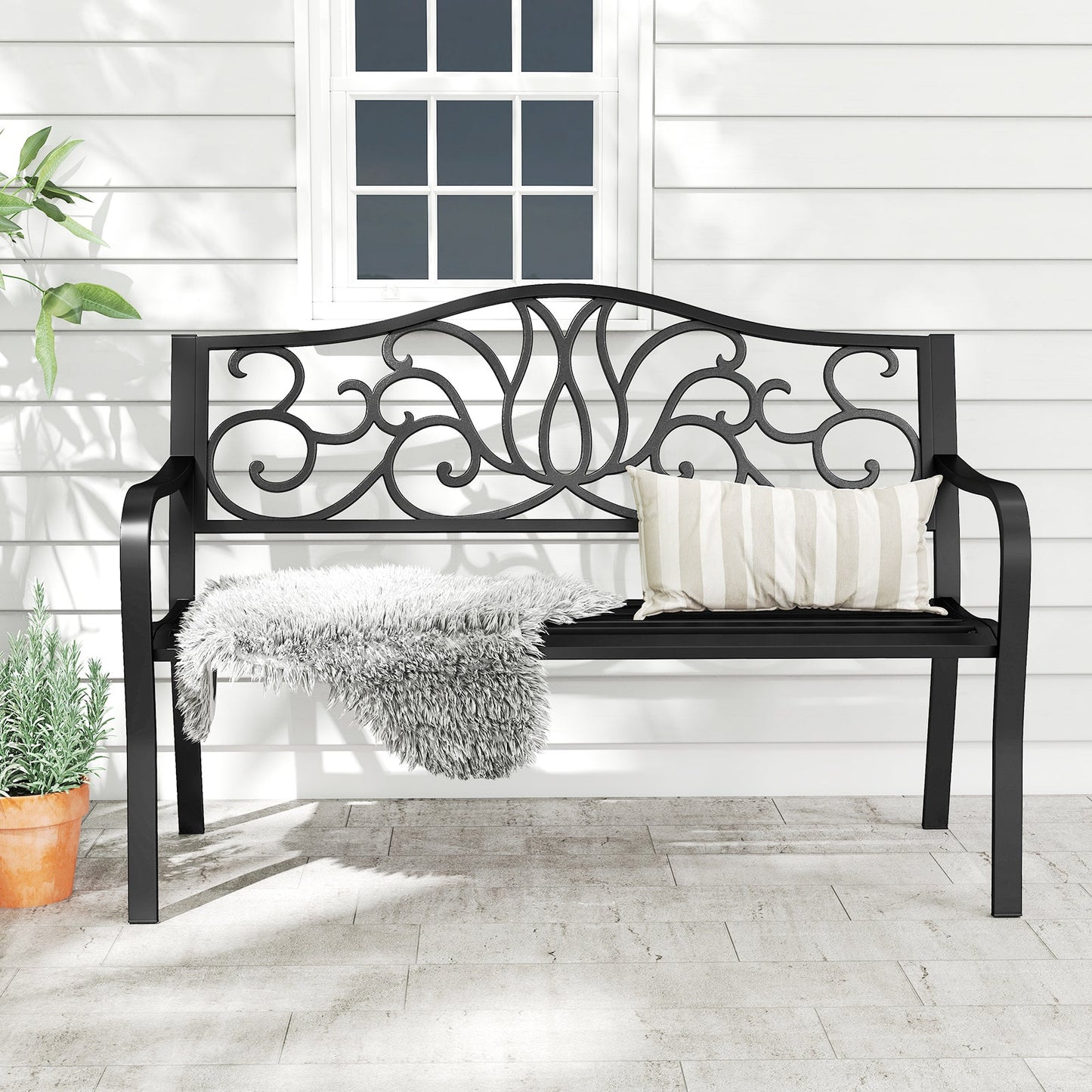 50 Inches Outdoor Garden Bench with Floral Design Backrest and Slatted Seat-Black, sturdy metal, 660 lbs capacity, ideal for outdoors.
