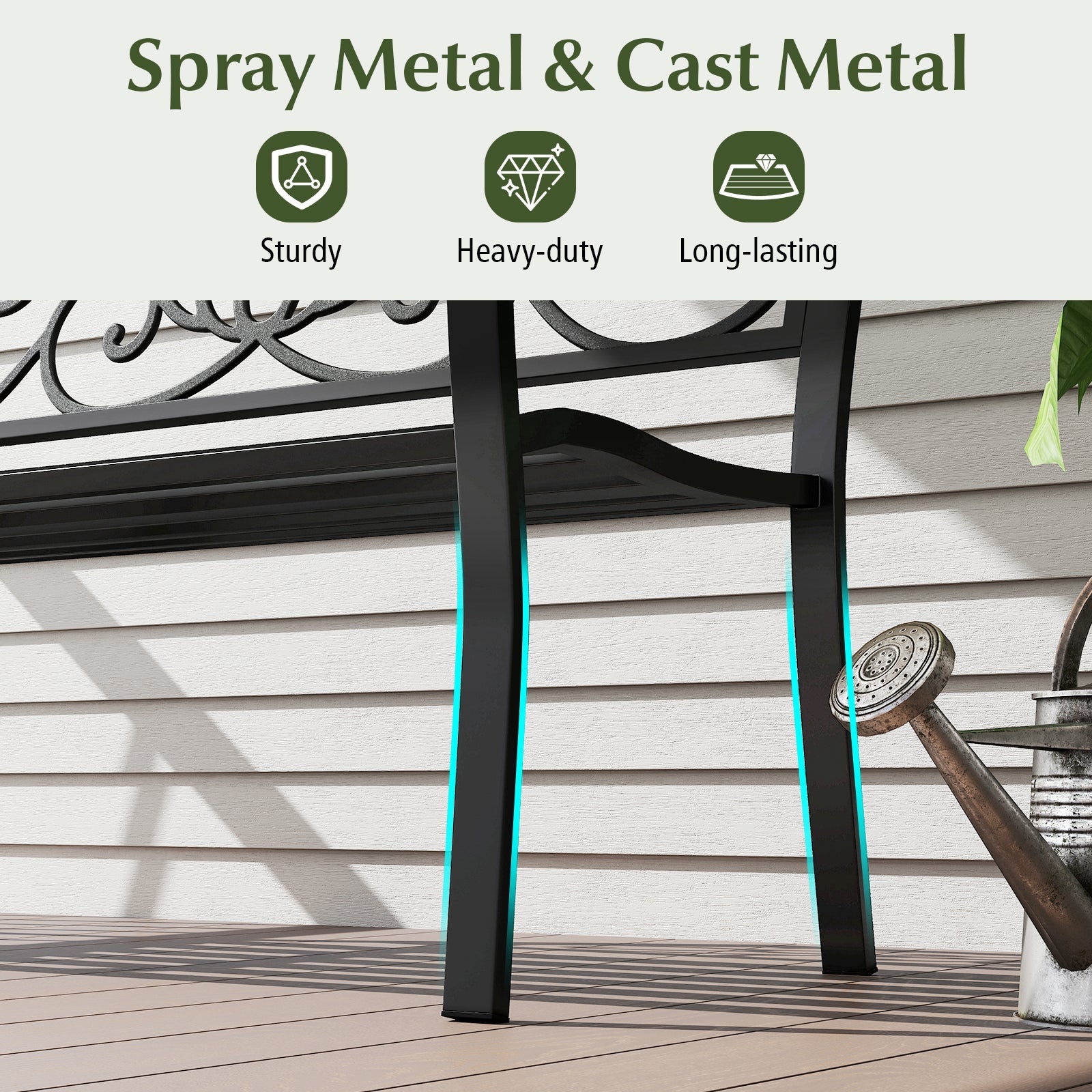 50 Inches Outdoor Garden Bench with Floral Design Backrest and Slatted Seat-Black, focusing on metal legs with spray finish.