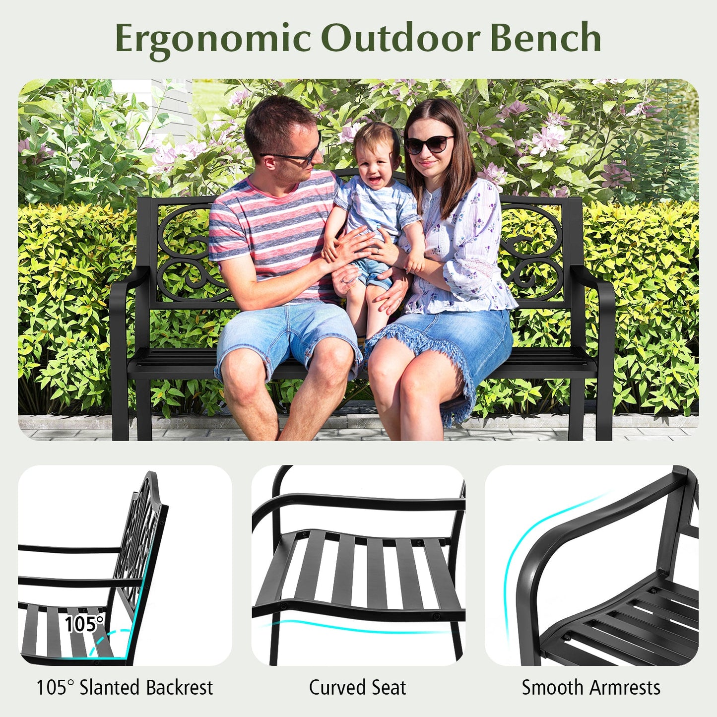 Family sitting on 50 Inches Outdoor Garden Bench with Floral Design Backrest and Slatted Seat-Black