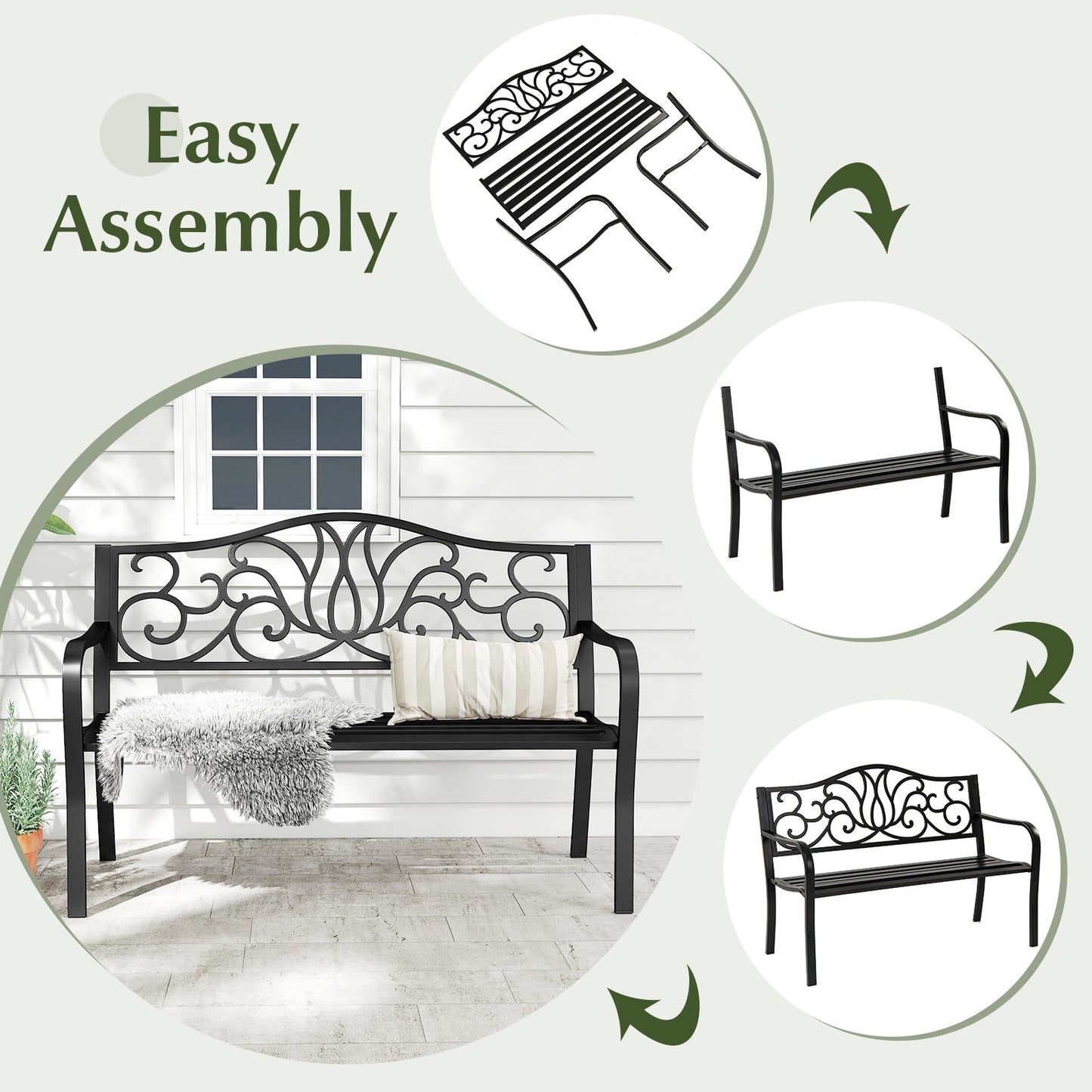 50 Inches Outdoor Garden Bench with Floral Design Backrest and Slatted Seat-Black, sturdy metal construction, easy assembly.