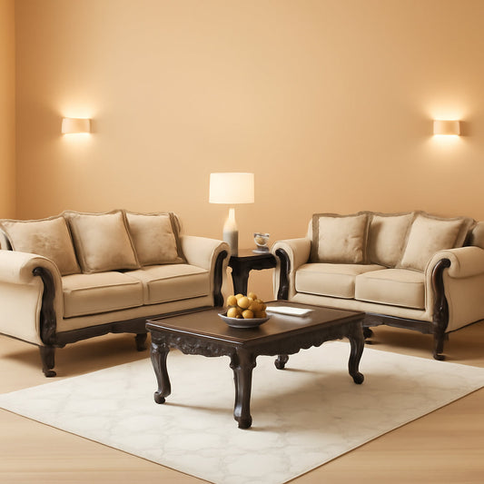 Hernen Carved Wood Frame 5Piece Living Room Set Beige Wheat with sofa, loveseat, coffee table, and end tables in elegant setting.