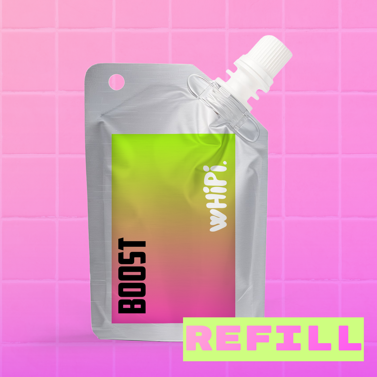 Refill pack of Boost- Crown Whip Scalp Tonic with vibrant packaging against a pink tiled background.