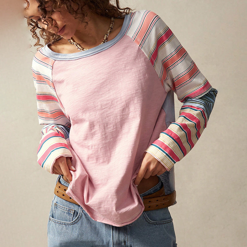 Women's Striped Long Sleeve Top Round Neck Pullover