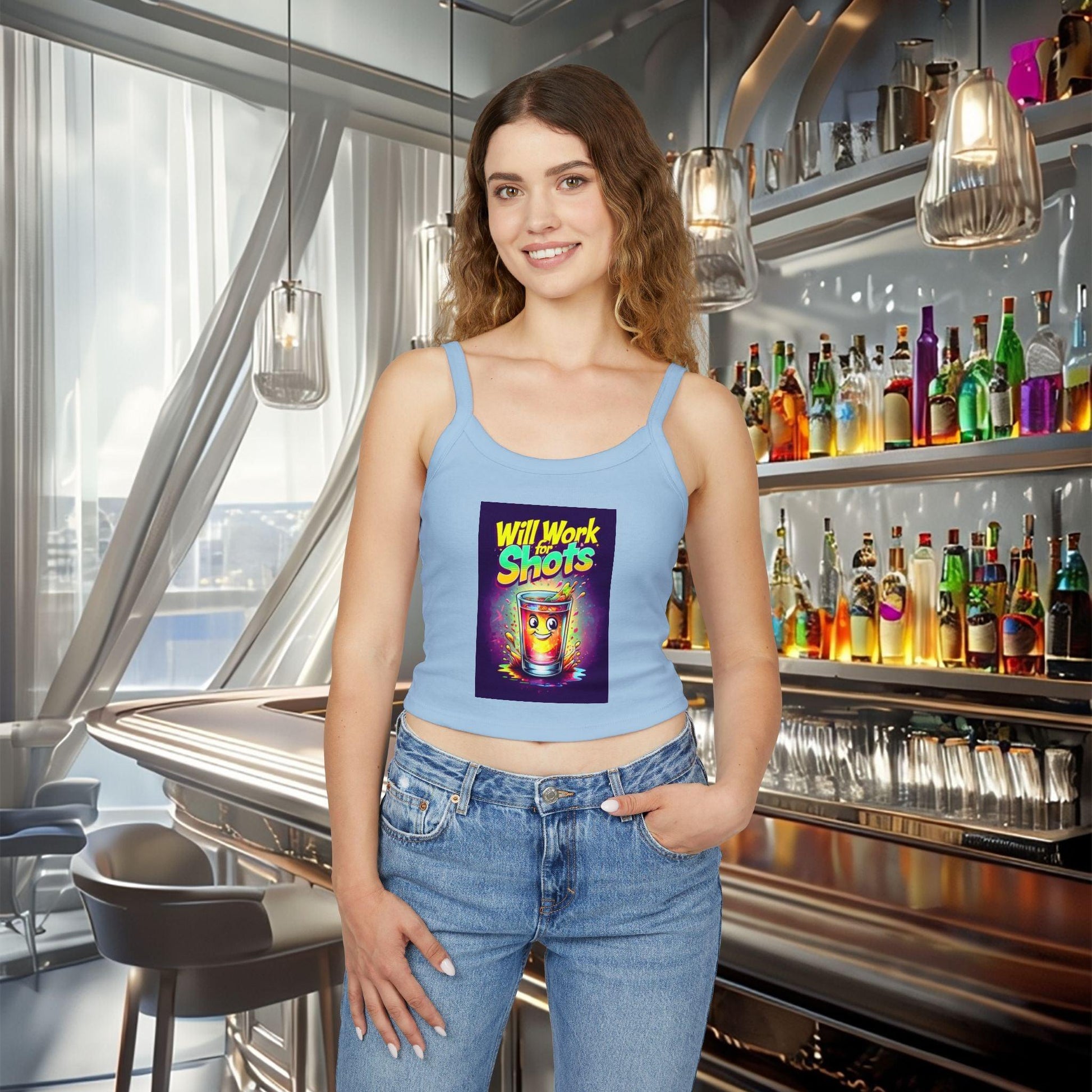 Woman wearing Will Work for Shots Womens Spaghetti Strap Tank Top in bar setting
