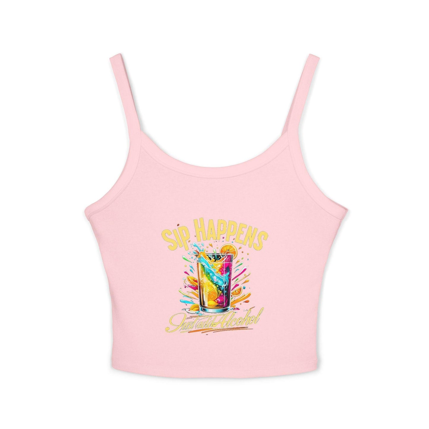 Playful & Stylish Womens Spaghetti Strap Tank Top in pink with colorful 'Sip Happens, Just Add Alcohol' text, perfect for bartenders.