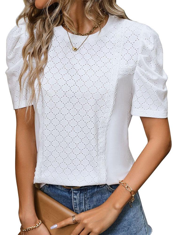 Effortless Chic Bubble Sleeve Top - Stylish and Trendy Blouse for Women with bubble sleeves, textured design, and round neck collar.