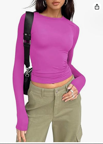 Woman wearing purple Slim Fit Long Sleeve Shirt | Women's Casual Crop Tops with stylish collar and slim design.